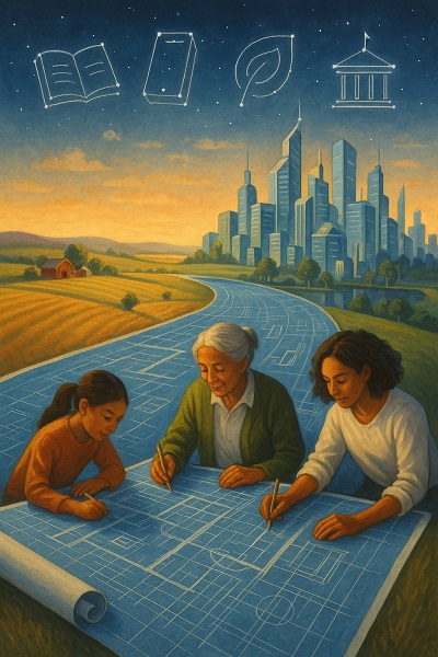 Blueprints for Tomorrow section artwork showing intergenerational planning and national development