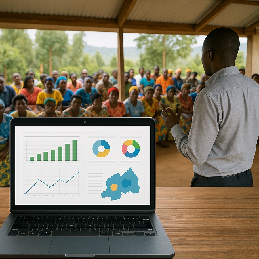 A digital dashboard and community meeting in Rwanda illustrating evidence-based policymaking