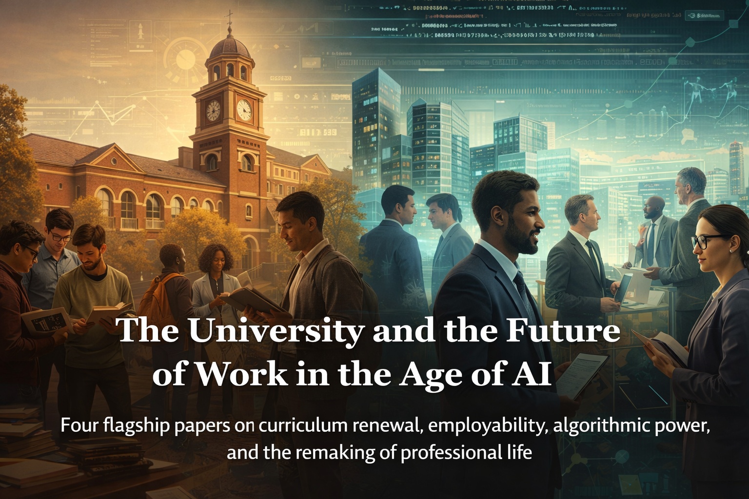 The University and the Future of Work in the Age of AI section banner showing higher education, artificial intelligence, and changing professional futures